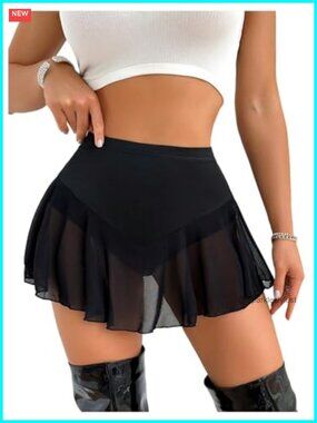 Women's Sheer Mesh Skort High Waisted Flowy Mini Skirt Shorts